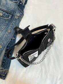 韩版极简星形牛仔腋下包，新款时尚小众新月形帆布手提包，个性化链条单肩包 - 黑色 - 查看 7