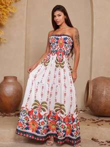 Vestido Longo PALMEIRAS Tomara que Caia Estampa Floral com Babado - Multicolorido Palmeiras - Visão 5