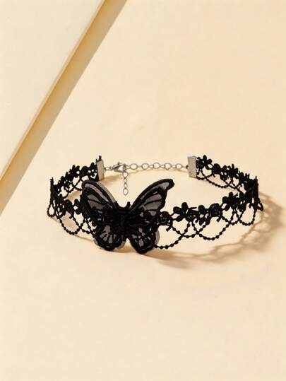 1pc Women's 3D Butterfly Necklace, Lace Hollow Gothic Style Choker Collar, Fashionable Retro Unique Clavicle Chain Necklace