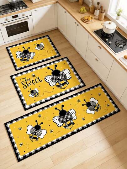 1pc Bee Anti-Slip Mat, 40*60/50*80/40*120cm, Soft Plush Surface, Yellow Bee Pattern, Suitable For Indoor And Outdoor Use, Applicable To Living Room, Bedroom, Kitchen, Bathroom, Balcony And Hardwood Floors, Decorative Carpet For Living Room, Bathroom Accessories, Back To School Season, Birthday Party, Entrance Decor