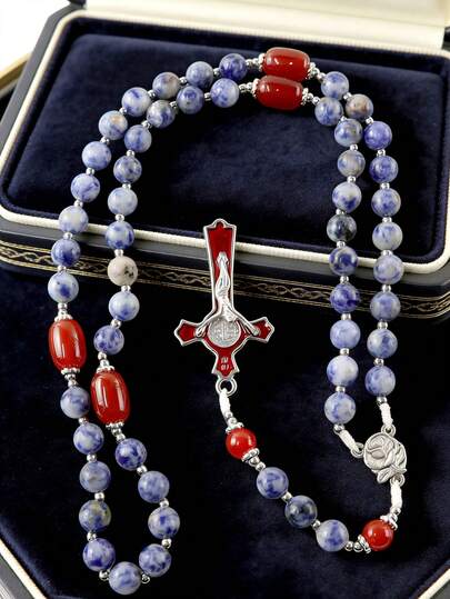 GO2CJBEADS 1pc Classic Natural Stone Beaded Cross Necklace, Retro Prayer Rosary Long Chain, Handmade Prayer Bead Rosary Religious Jewelry For Daily Decoration, Baptism, Birthday Gifts, Eucharist Gifts, Holiday Gifts