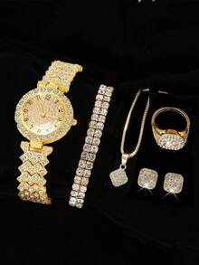 6pcs/Set Elegant Casual Luxury Women's Quartz Watches With Crystal Dial And Alloy Strap, Gift For Her - Gold - View 6