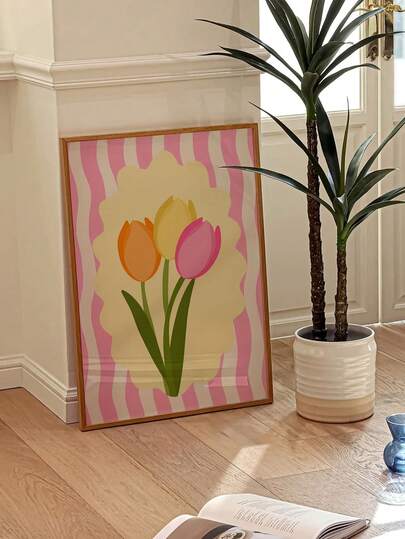 1pc Wall Decor, A Retro Poster Featuring Tulips, A Stylish Floral Striped Canvas Artwork, A Distinctive And Imaginative Wall Aesthetic Ornament, Ideal For Enhancing The Ambiance Of A Bedroom Or Living Room, Not Framed