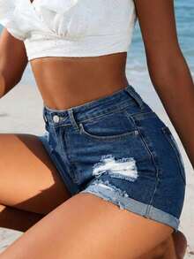 Shorts vaqueros de mujer ajustados y rectos con efecto desgastado y elástico, para el verano - Azul lavado oscuro - Ver 5