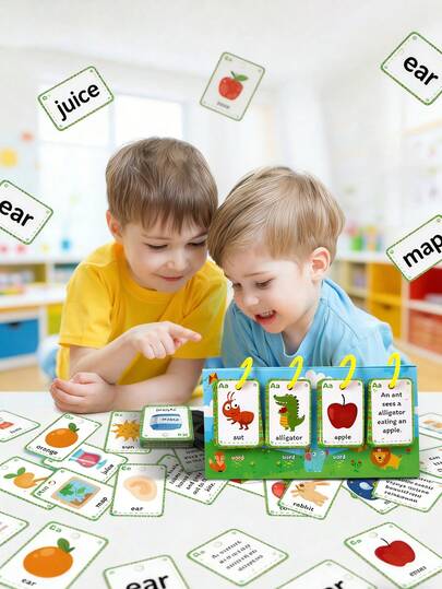 2-6岁儿童英语词汇闪卡，学前学习卡片，包含动物、水果词汇和句子，适合男孩女孩的早期阅读拼音卡片