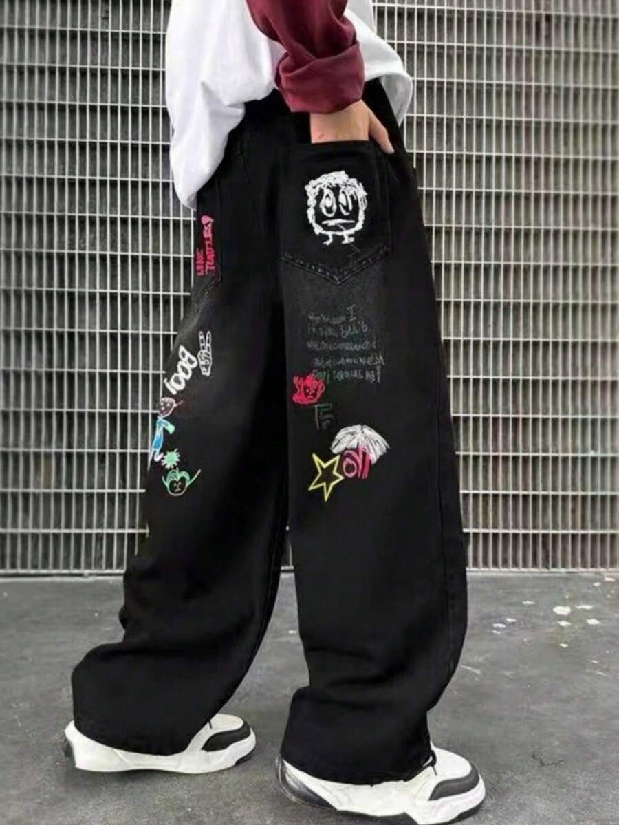 新款春秋季黑色卡通涂鸦中童牛仔裤宽松青少年男孩牛仔阔腿老爹裤 - 黑色 - 查看 1