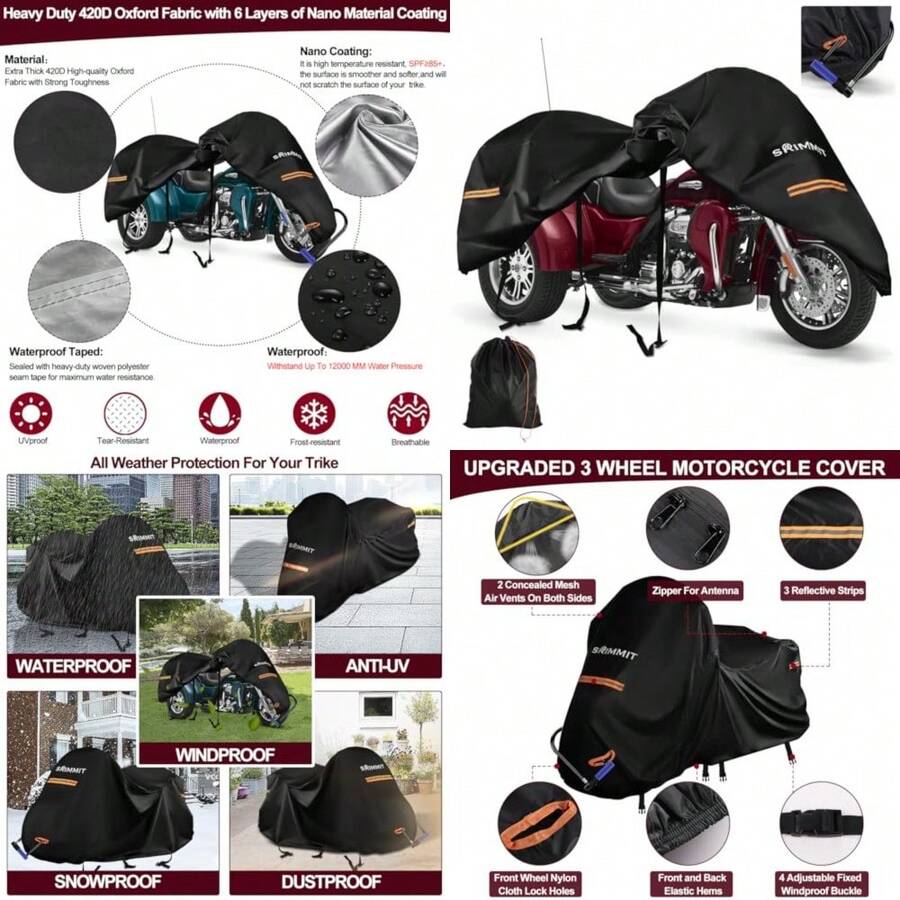 [Best Sell]Trike Motorcycle Cover Waterproof Outdoor Storage Cover For 3-Wheel Motorcycles Heavy Duty 420D Oxford Fabric Shelter With Zipper For Antenna Rain Snow Protection - Richer-104"x66"x45" - View 1