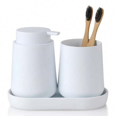 3pcs Bathroom Accessories Set, Soap Dispenser, Toothbrush Holder, Tray, Modern Minimalist Decor For Bathroom Countertop Organization