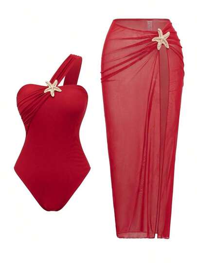 Stylish High-End Beach Holiday Summer Sexy Black One-Piece Star Decoration Swimwear And Skirt Set Vacation