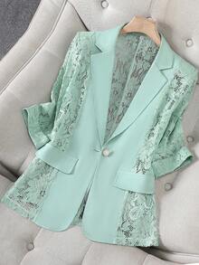 Áo khoác blazer lưới nhẹ màu xanh bạc hà cho nữ, kiểu dáng thường ngày, tay ngắn, thích hợp mặc công sở, size nhỏ, mùa xuân. - Màu xanh Bạc hà - Xem 7