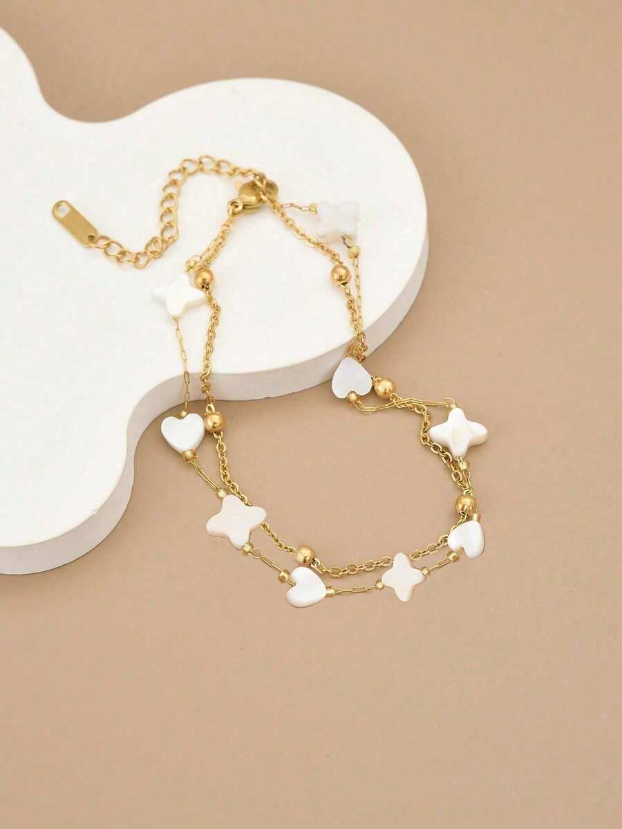 1pc Fashion White Heart & Four-Pointed Star Double-Layer Stainless Steel Anklet For Women, Pearl Chain Design, Suitable For Daily Wear, Gold Jewelry, Summer, Vacation, Beach Party, Gift - Yellow Gold - View 1