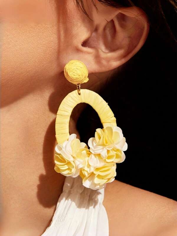 Handgemachte warme aprikotfarbene Ohrringe für Frauen, Stoff-Blumen Boho-Stil Urlaubsohrringe, Nischendesign Fairy Beach Foto Ohrringe