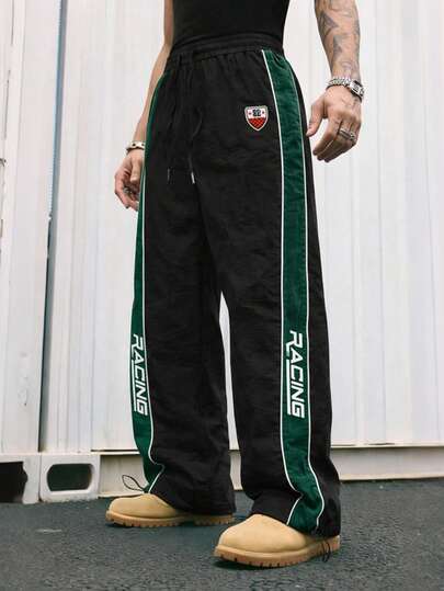 Men's Fashionable Contrast Color Drawstring Casual Pants, Made Of Breathable And Durable Material, Loose Sports Pants Style, Retro Racing Inspired Design, Suitable For Sports And Commuting, Perfect Choice For Summer Outfits