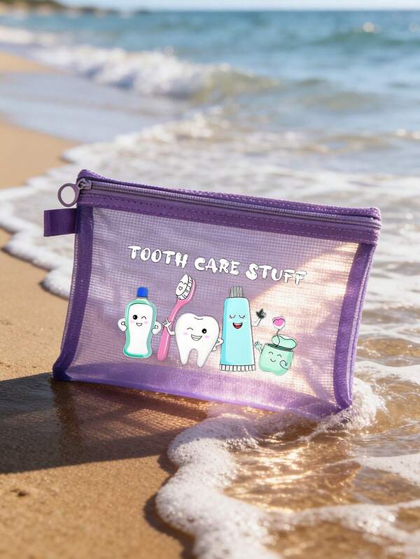 Bolsa de almacenamiento con patrón de diente de dibujos animados, bolsa de maquillaje portátil de malla, bolsa de maquillaje con estampado de letra "Artículos de cuidado dental" en forma de diente lindo, bolsa de aseo y maquillaje para viajes; artículos esenciales de almacenamiento de trajes de baño para vacaciones; muy adecuado para novias; bolsa de maquillaje plegable y ligera, adecuada para viajes de negocios y bolsas de embarque portátiles. Un imprescindible para los festivales de música de verano. Adecuado como regalo de cumpleaños, regalo de regreso a la escuela, regalo de graduación, accesorio de viaje