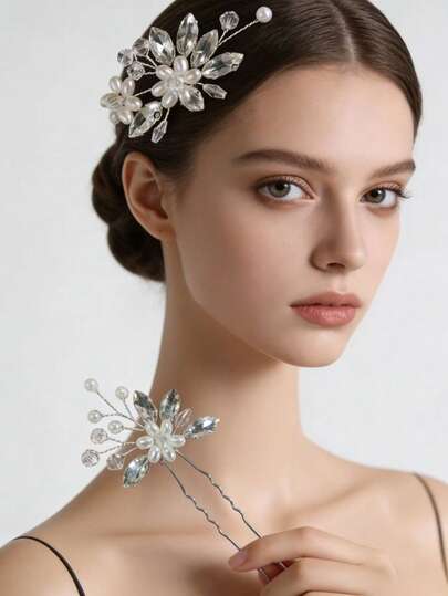 2pcs Handmade Pearl Bridal Hair Accessories, Rhinestone Flower & Leaf Design, Elegant Wedding Hairstyle Hairpins, Hair Forks, U-Shaped Hair Clips