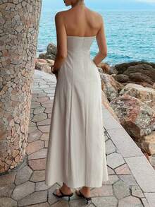 PoPoHouse Women's Elegant 100% Cotton Maxi Dress Sexy Backless Pocketed A-Line Waist Strapless Tube Flowy Dress For Daily Casual Summer Beach Vacation Party Going Out Outfit - Apricot - View 2