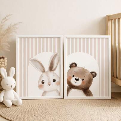 1pc Framed Canvas Wall Art, Rabbit And Bear Pattern Children's Room Wall Painting Set, Striped Children's Room Decorative Art, Neutral Animal Theme Kids Room Decor, Neutral Kids Room Decor, Forest Animal Home Decor, Boho Style Children's Room, Boho Style Kids Room, Children's Gift, Baby Gift