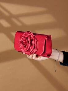 REMANLAND Rose Flower Shaped Women's Evening Clutch Bag, Satin Handbag For Wedding, Party, Unique Gift - Red - View 4