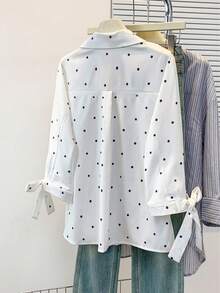 女士七分袖波点衬衫，翻领设计，袖口系带，百搭休闲商务风，适合办公室、通勤、居家及日常穿着，春夏秋季皆宜。 - 白色 - 查看 7