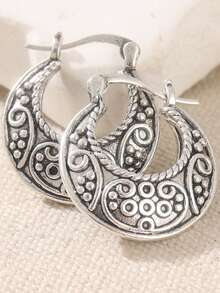 Handmade Silver-Plated Hoop Earrings In Boho Style, Suitable For Women. This Fashionable Minimalist Vintage Floral Earring Accessory Is Hypoallergenic And An Ideal Accessory For Parties Or Christmas. - Silvery - View 7