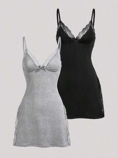 2 Pieces Of Lace Bow Decoration Romantic Side Camisole Vest Pajamas