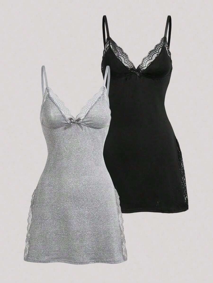 2 Pieces Of Lace Bow Decoration Romantic Side Camisole Vest Pajamas - XXL - 查看 1