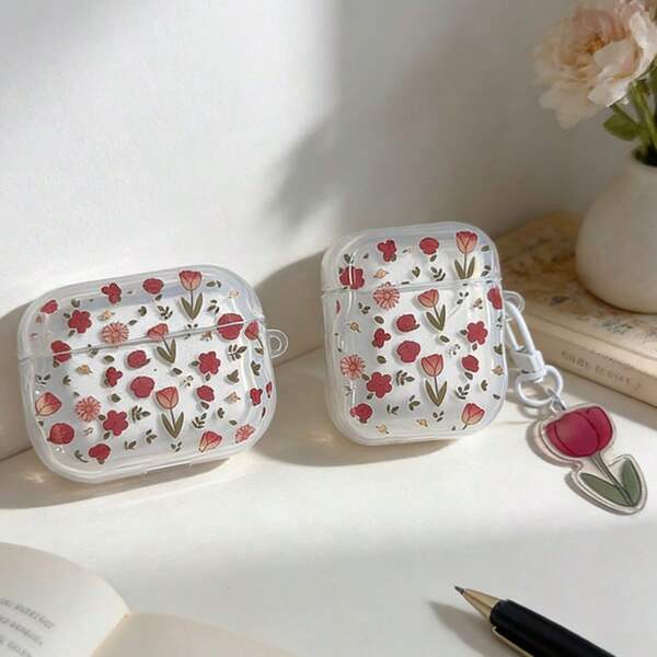 粉色花卉图案保护壳，兼容苹果无线充电盒，防刮擦、防震