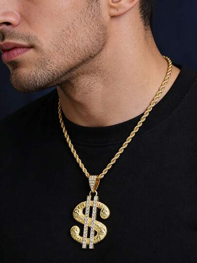 Collar con colgante de signo de dólar con flor de hielo chapado en oro de 18K, cadena retorcida brillante de estilo hip hop, joyería de rapero, adecuado para ropa urbana, fiestas y uso diario