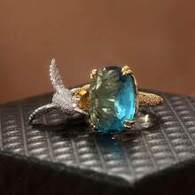 Vintage Elegant 3D Hummingbird Open Ring, Dual-Tone Ring With Synthetic Aquamarine Zirconia Stone, Perfect Gift For Women And Girls - Gold - View 3