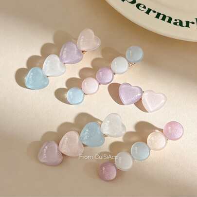 2 个甜美清新的冰透明心形发夹，适用于额头刘海和碎发，少女公主发夹，可爱鸭嘴形发饰，女士适用。