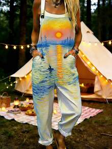 Oil Painting Landscape All-Over Print Women's Adjustable Strap Jumpsuit, Polyester Fiber Fabric, Lightweight And Breathable, Women's Clothing, Standard Size Jumpsuit, Plus Size Women's Clothing, Plus Size Jumpsuit And Romper, Plus Size Jumpsuit - 彩色 - 查看 1