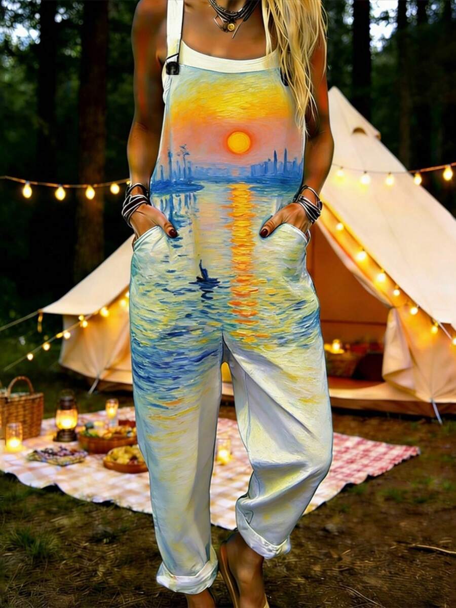 Oil Painting Landscape All-Over Print Women's Adjustable Strap Jumpsuit, Polyester Fiber Fabric, Lightweight And Breathable, Women's Clothing, Standard Size Jumpsuit, Plus Size Women's Clothing, Plus Size Jumpsuit And Romper, Plus Size Jumpsuit - 彩色 - 查看 1