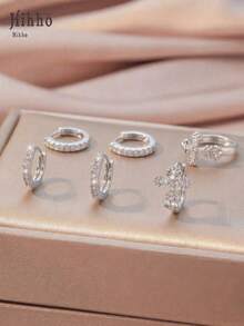 Hihho 6pcs Set Luxury Cross Zirconia Stud Earrings, Carved Cross Textured 3D Intricate Design Paired With Classic Hoop, Full Diamond Symbolizing Brilliance & Confidence, Cross Represents Protection & Strength, Suitable For Multiple Ear Piercings & Interchangeable Wear - Cross - View 3