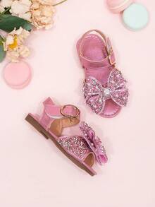 2026 Nuevas sandalias para niñas, zapatos de princesa para niños con lazo de strass, zapatos de playa para estudiantes de niña pequeña, verano - Rosa - Ver 2