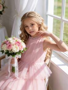 Tween Girl Sleeveless Tulle Princess Party Dress, Suitable For Birthday Party, Wedding Flower Girl, Formal Occasion, Holiday Dress - Pink - View 4