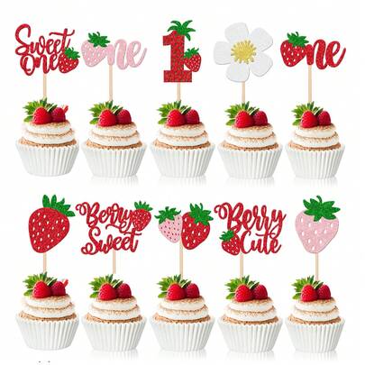 20/10-Pack Sweetheart Strawberry Cupcake Decal Stickers – Glittery Strawberry Style | 1st Birthday Cupcake Toppers | Strawberry Birthday Decorations | Cake Decorations Suitable For Babychristenings And 1st Birthday Parties