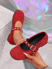 2026春季新款时尚女式麂皮玛丽珍鞋，金色铆钉方扣，软底圆头平底鞋，法式圆头浅口复古设计 - 紅色 - 查看 10