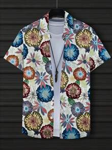Vibrant Multicolor Floral Pattern Symbolizing Vitality Growth And Harmony With Nature 3D Print Short Sleeve Casual Button Up Shirt For Men Summer Beach Style - 白色 - 查看 1