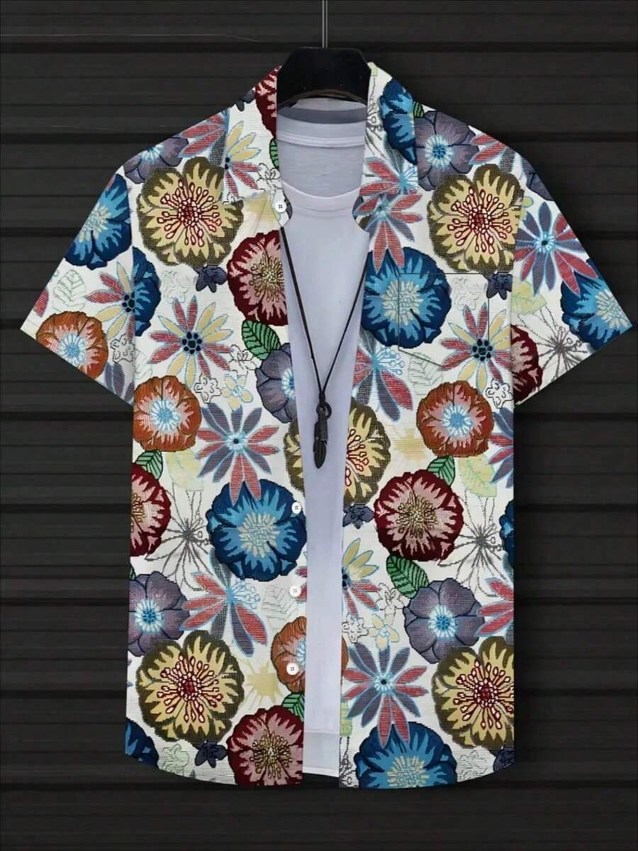 Vibrant Multicolor Floral Pattern Symbolizing Vitality Growth And Harmony With Nature 3D Print Short Sleeve Casual Button Up Shirt For Men Summer Beach Style - 白色 - 查看 1