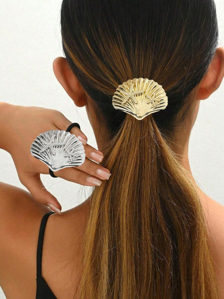 1pc Plain Shell & Starfish Casual Bohemian Zinc Alloy Shell Starfish Fashion Versatile Seamless Hair Tie, Suitable For Daily Wear - Multicolor - View 1