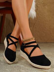 Women's Elegant One-Strap Buckle Wedge Platform Casual Shoes, Suitable For All Seasons - Black - View 6