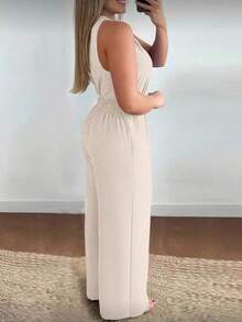 女士性感深V领无袖阔腿连体裤 - 杏色 - 查看 2