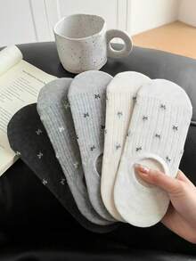 5 Pairs Random Bow Mesh Boat Socks For Women, Cotton Breathable Thin Low Cut Ankle Socks, Non-Slip Summer Socks - Multicolor - View 2