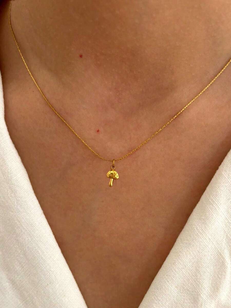 1件装不锈钢防水不褪色可爱精致迷你蘑菇吊坠项链，适合女性日常佩戴 - 金色 - 查看 1