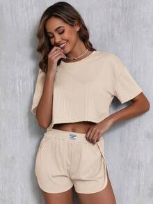2pcs Women Summer Casual Solid Color Short Sleeve Crew Neck Crop Top & High Slit Shorts Pajama Set, Spring/Summer Lounge Set - Rượu sâm banh - Xem 7