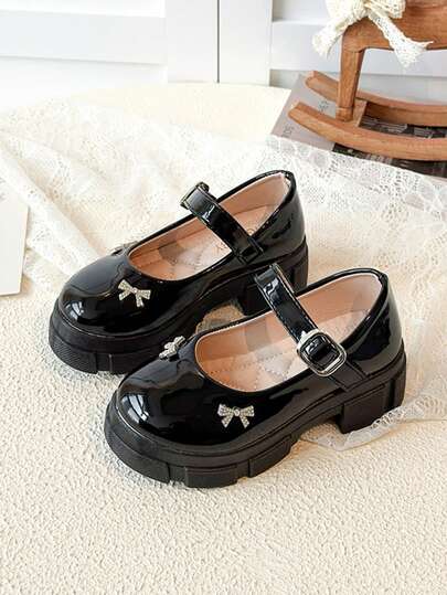 Girls' Thick Sole New Chunky Heel Sweet Retro Mary Jane Shoes, Summer Butterfly & Rhinestone Decor, Gentle & Charming