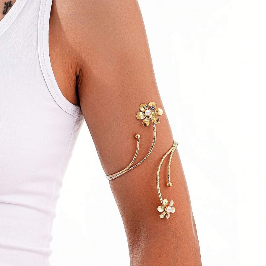 1 pieza Brazalete de brazo geométrico en espiral de moda con decoración de flores y perlas, ajustable, regalo - Brazalete de perlas y flores - Ver 1