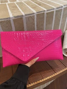 Fashionable Solid Color Elegant Crocodile Embossed Envelope Clutch Bag, Casual Versatile Handbag - Hot Pink - View 11