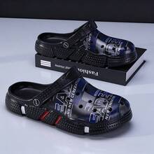 男士时尚涂鸦拖鞋，舒适百搭透气镂空凉鞋 - 黑色 - 查看 5