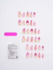 30片夏季海滩风杏仁形假指甲，粉色花朵、海星和贝壳图案，一次性美甲贴纸，适合女士和女孩度假使用 - 玫紅色 - 查看 3